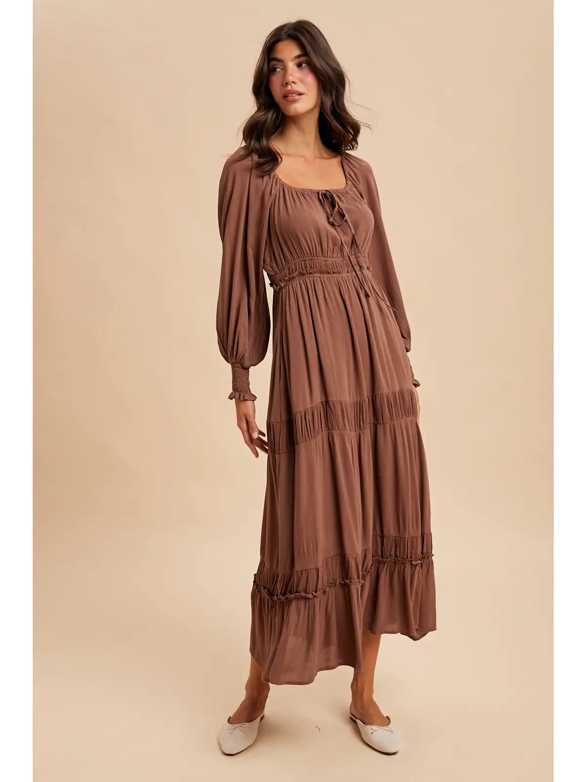 Finding Happiness Gathered Square Neck Maxi Dress, Mocha Mousse