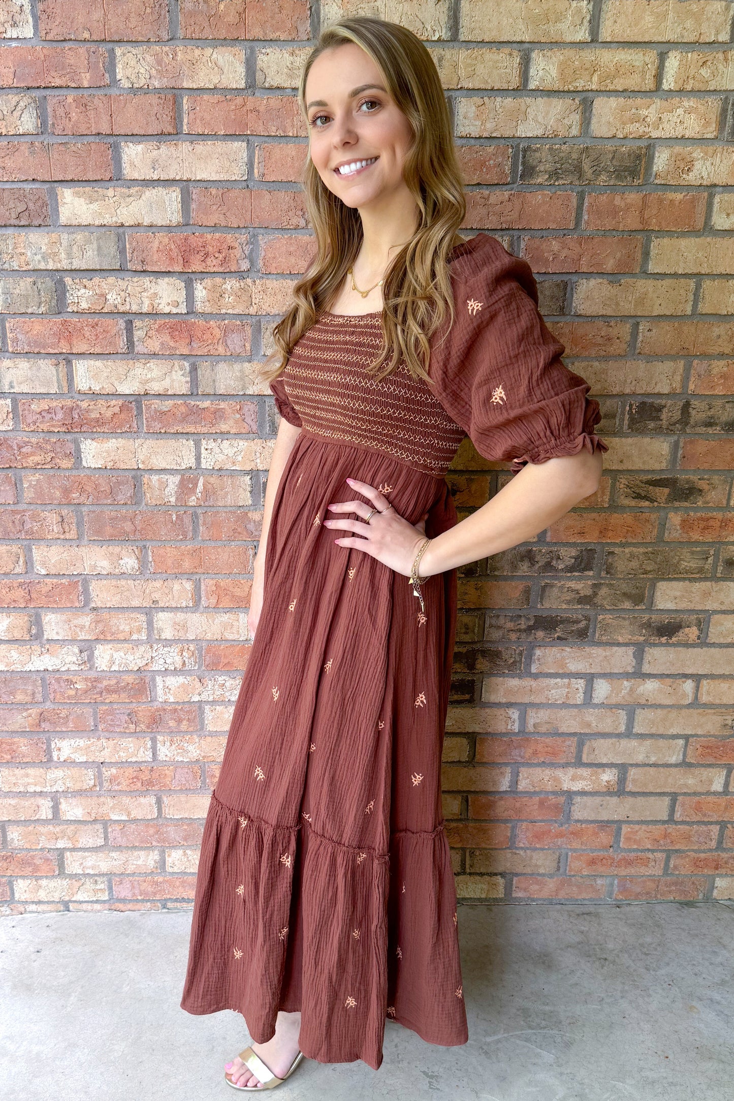 Delilah Embroidered Cotton Gauze Smocked Dress, Coconut