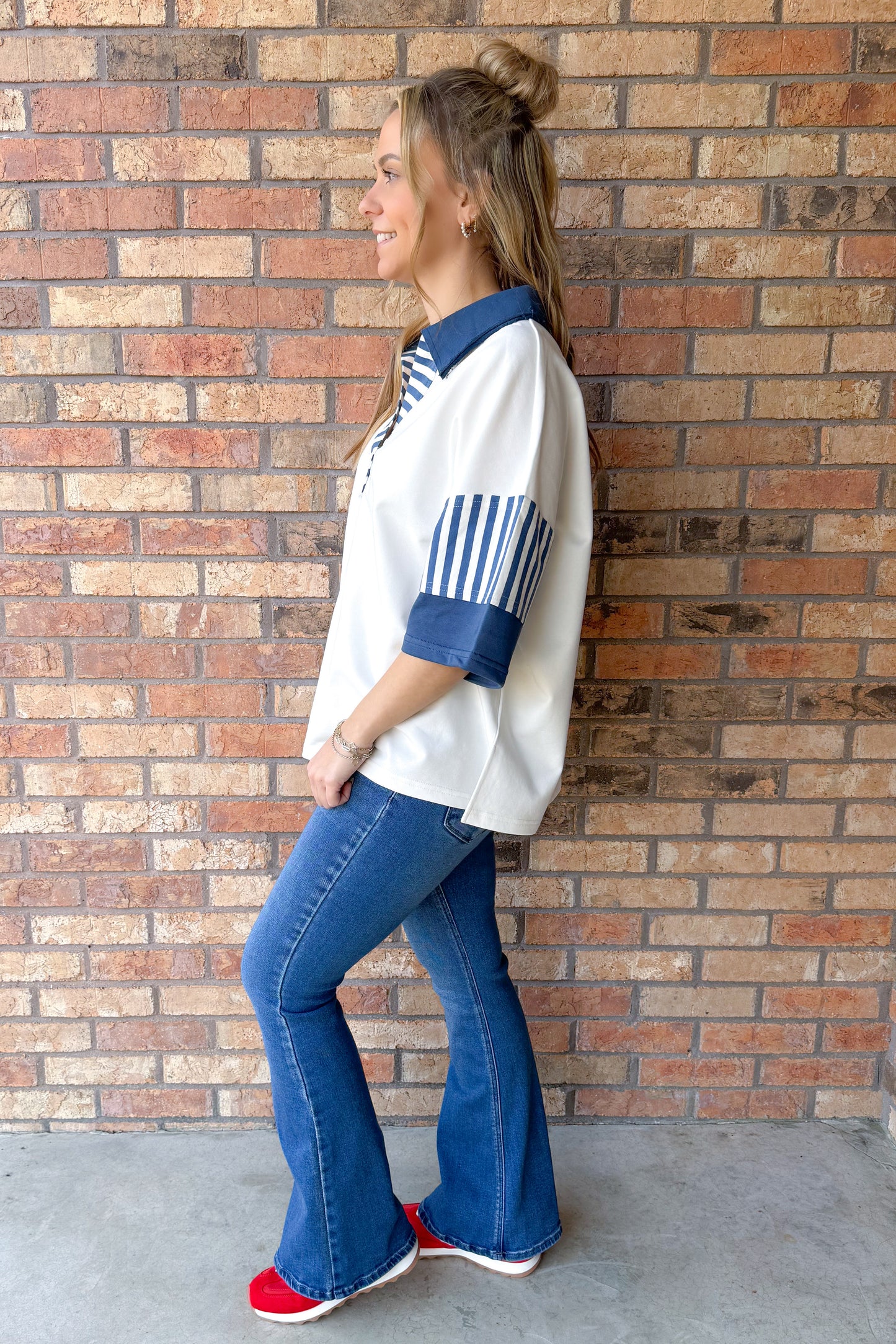 Fresh Start Color Block French Terry Collared Top, White/Blue