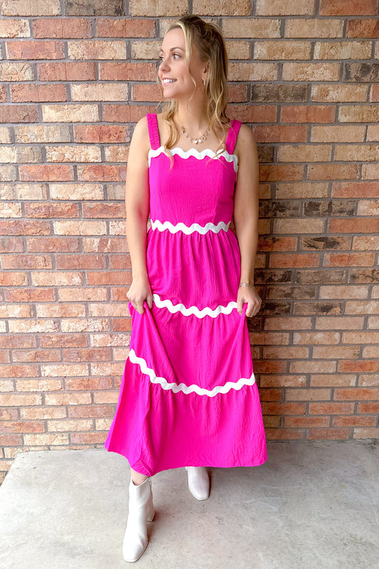 Lola Solid Tiered Midi Dress, Hot Pink