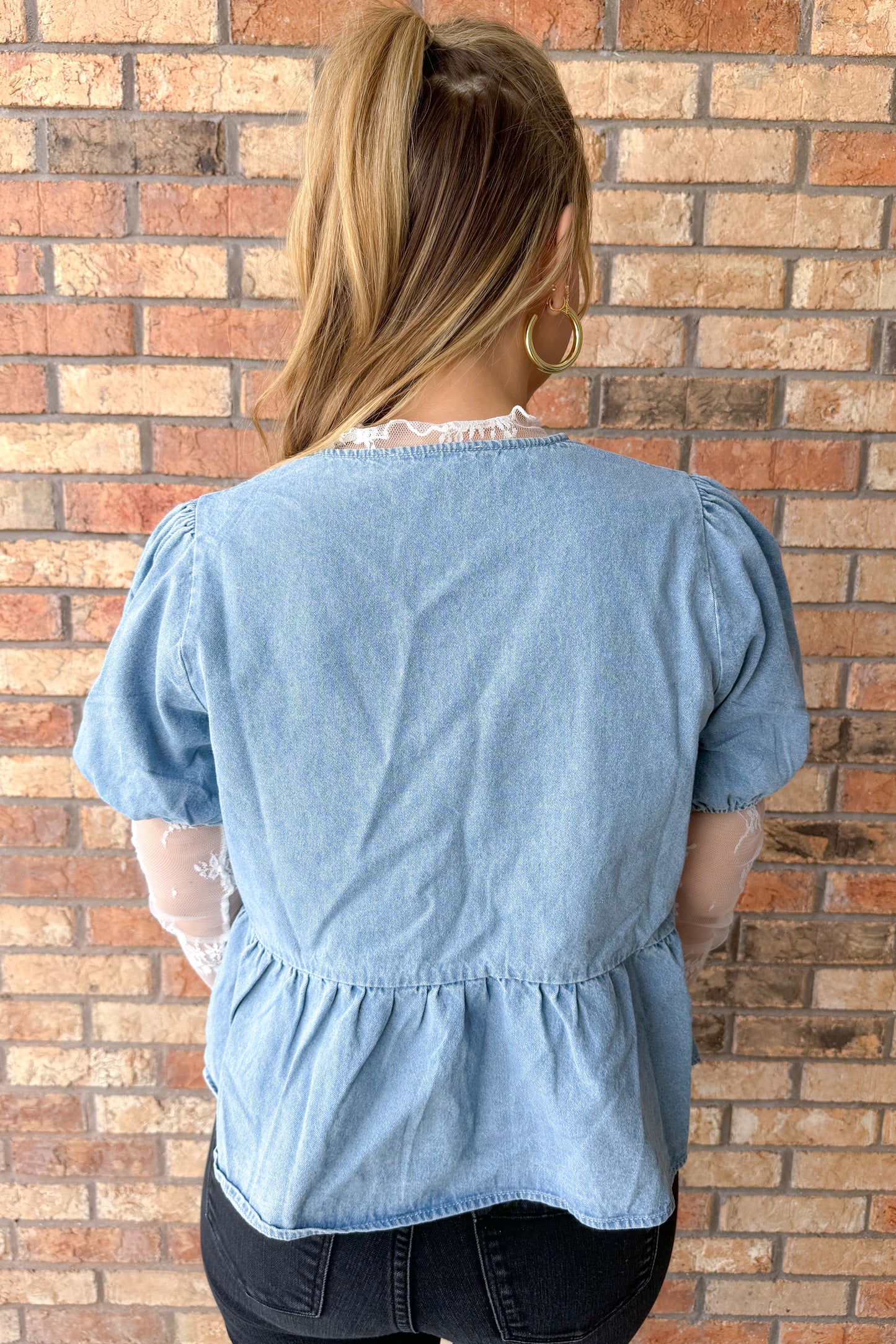 No Doubt Puff Sleeve Tie Front Denim Peplum Top, Light Wash