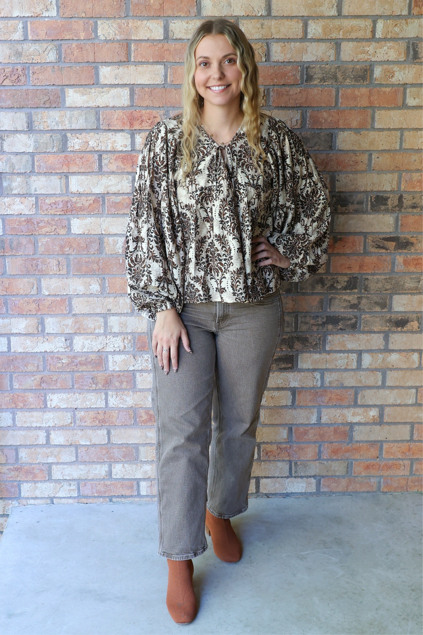 Since You've Been Gone Front Tie Balloon Sleeve Top, Tan/Brown