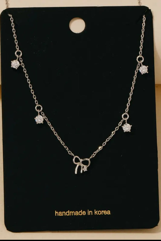 Gold Dipped Bow Charm Chain Necklace, Silver