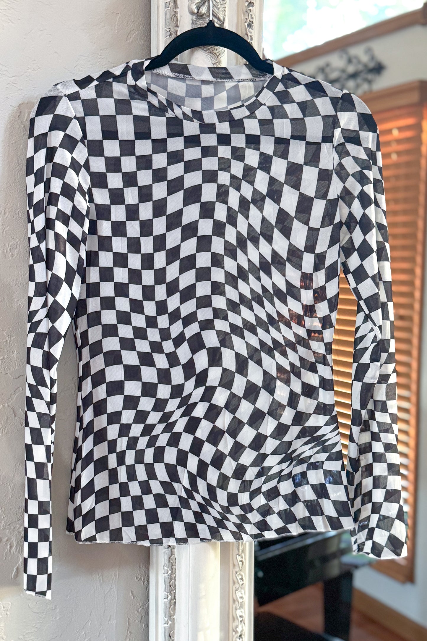 Cool Confidence Checkered Mesh Mock Neck Top, Black/White