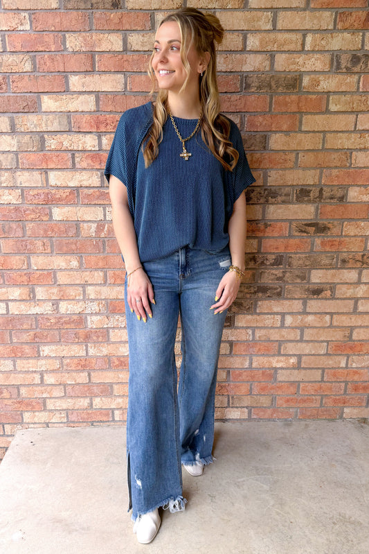 Forget Me Not Rib Knit Poncho Top, Navy