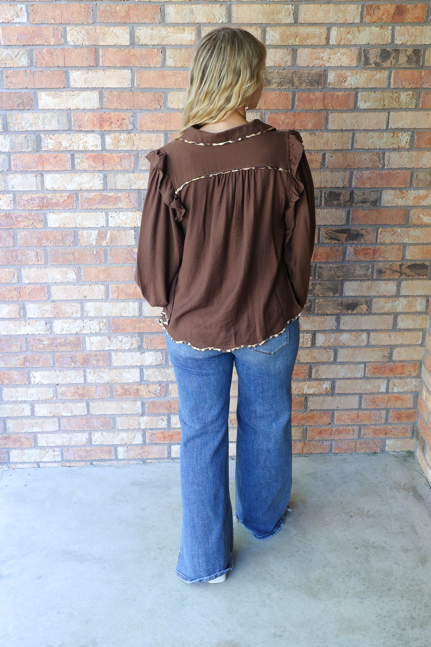Wild Nature Ruffle Shoulder Button Down Leopard Trim Top, Brown