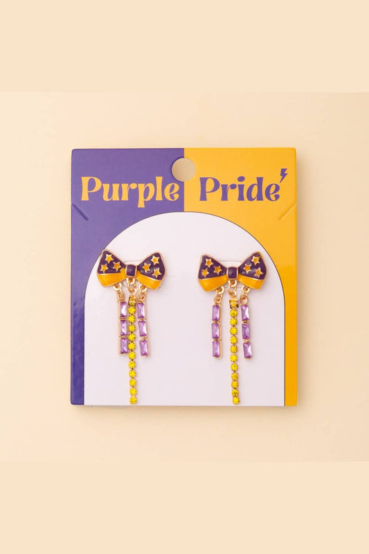 Game Day Crystal Rhinestone Embellished Bow Post Earrings, Purple/Gold