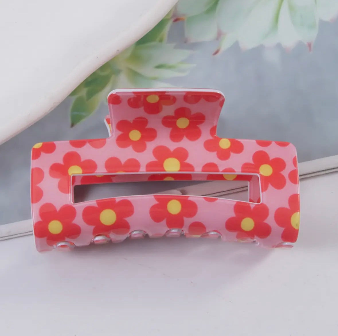 Flower Floral Print Hair Claw Clip, Pink