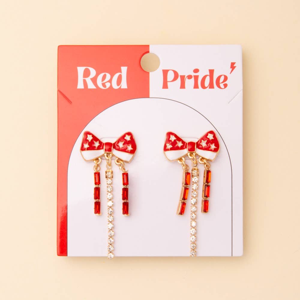 Game Day Crystal Rhinestone Embellished Bow Post Earrings, Red/White