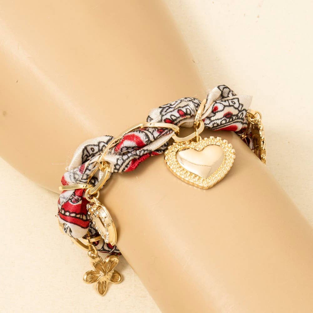 Hearts And Flower Charms Bandana Chain Braided Bracelet, Gold/Red