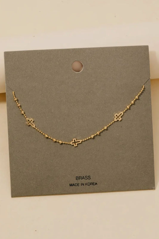 Cross Charms Dainty Bead Chain Necklace, Gold