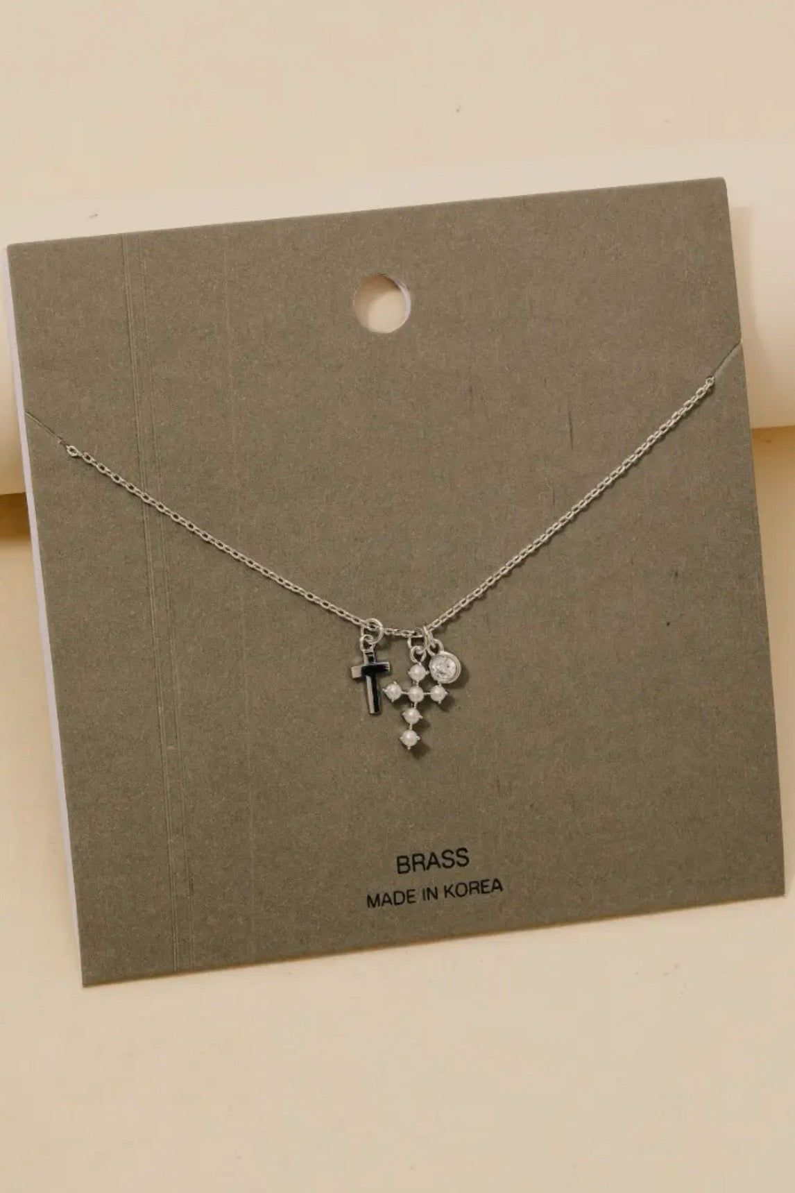 Pearl Cross and Gem Charms Chain Necklace, Silver