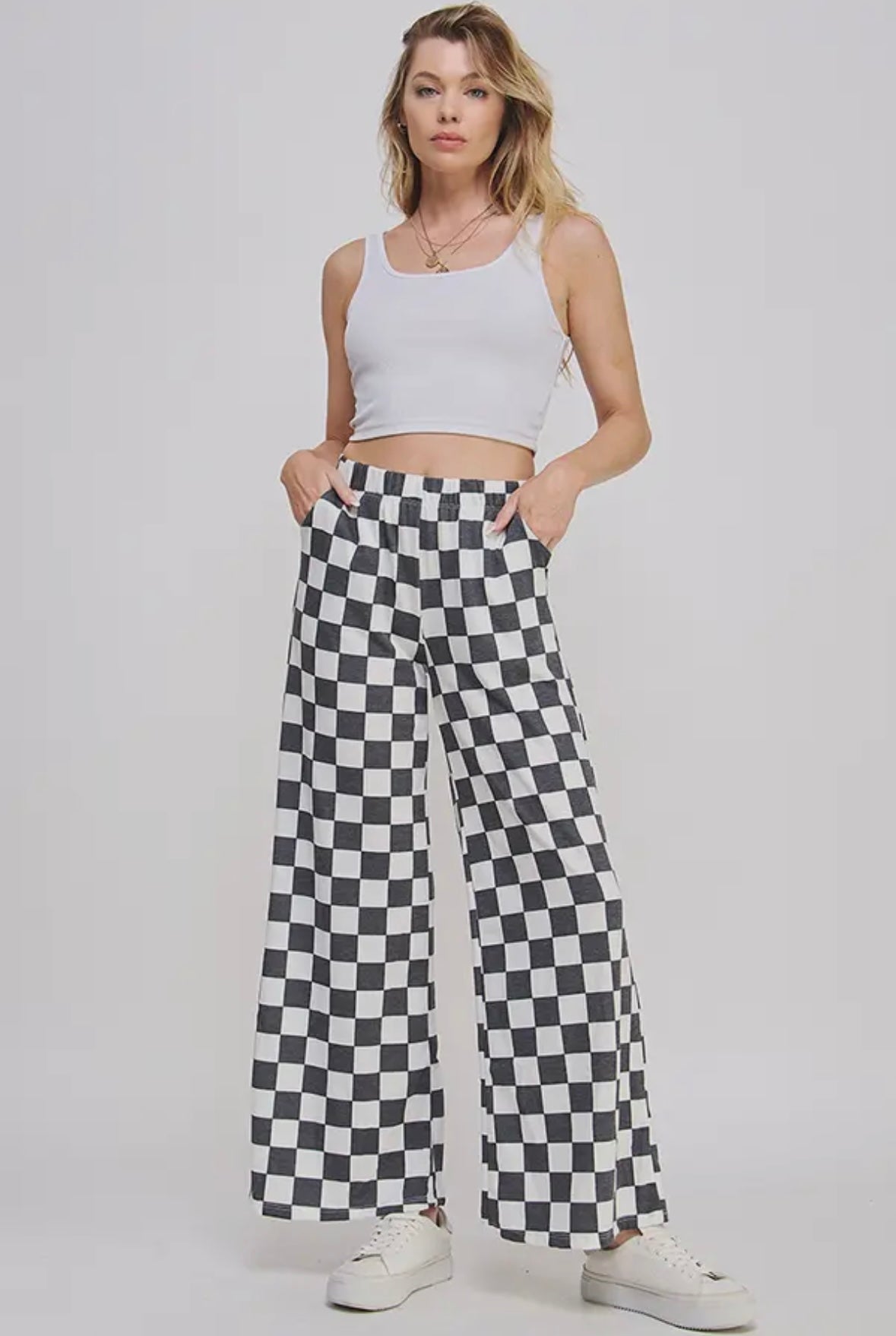 Just Checking In High Waisted Checkered Pants, Black/White
