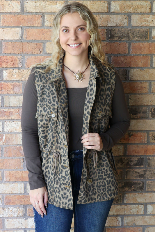 Wildest Dreams Leopard Print Overszied Button-Front Utility Vest, Cedar