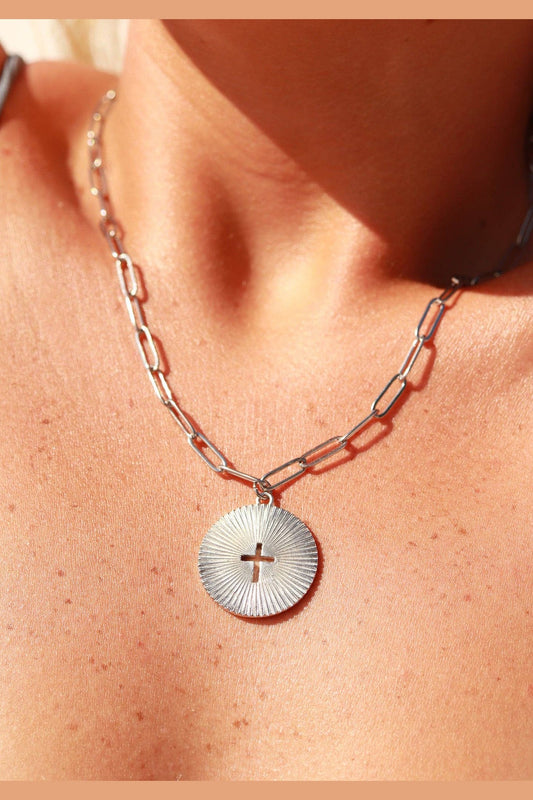 Pure Joy 18K Gold Plated Stainless Steel cross Paperclip Charm Necklace, Silver