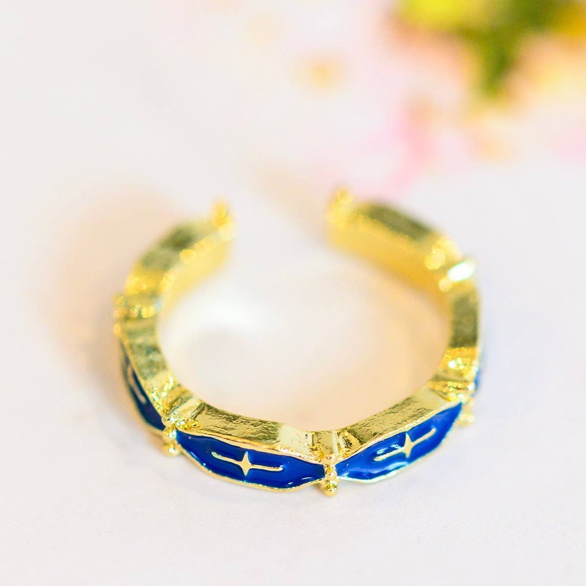 Mariana Hand Crafted Blue Cross 18K Gold Plated Stainless Steel Ring