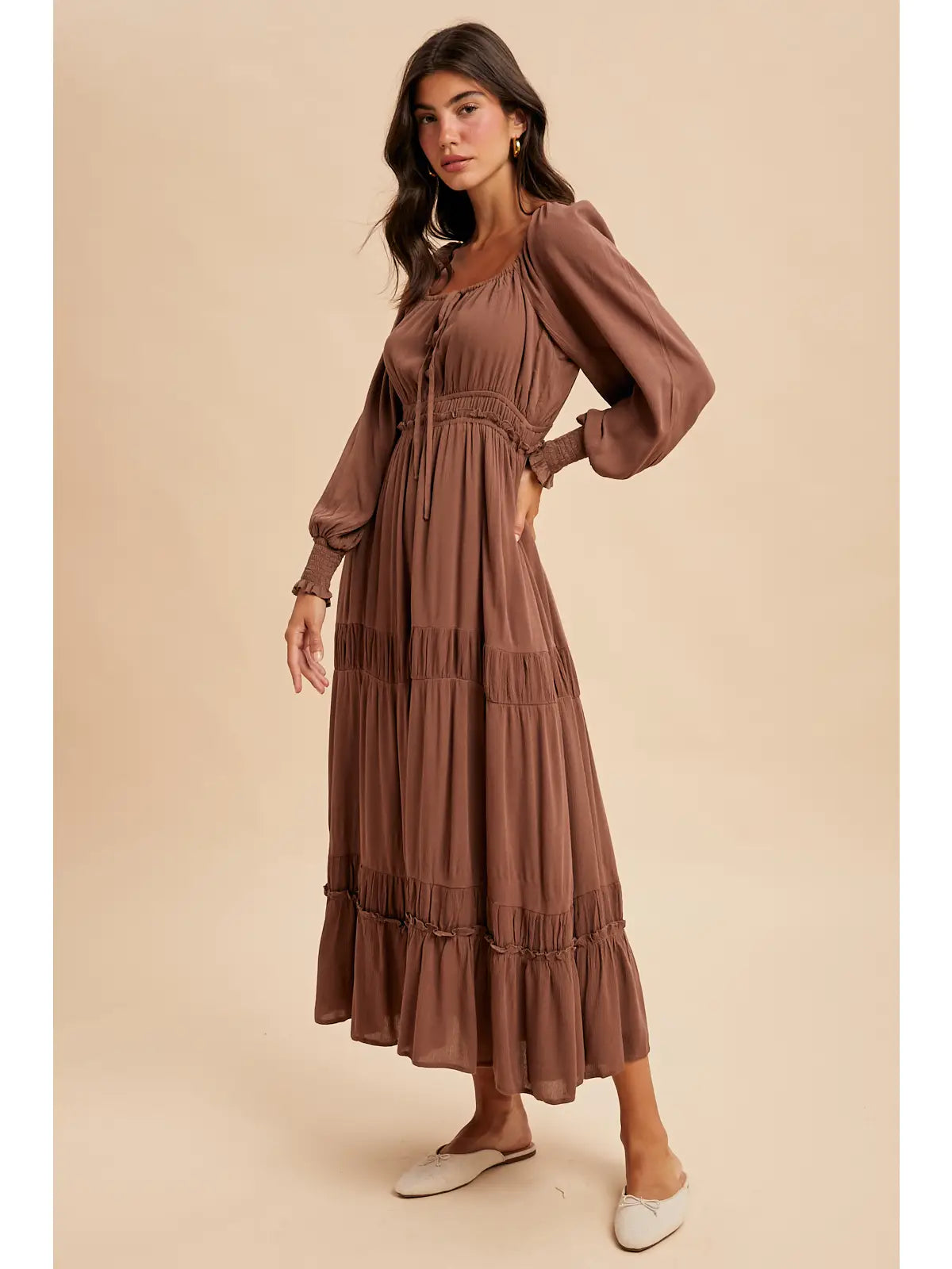 Finding Happiness Gathered Square Neck Maxi Dress, Mocha Mousse