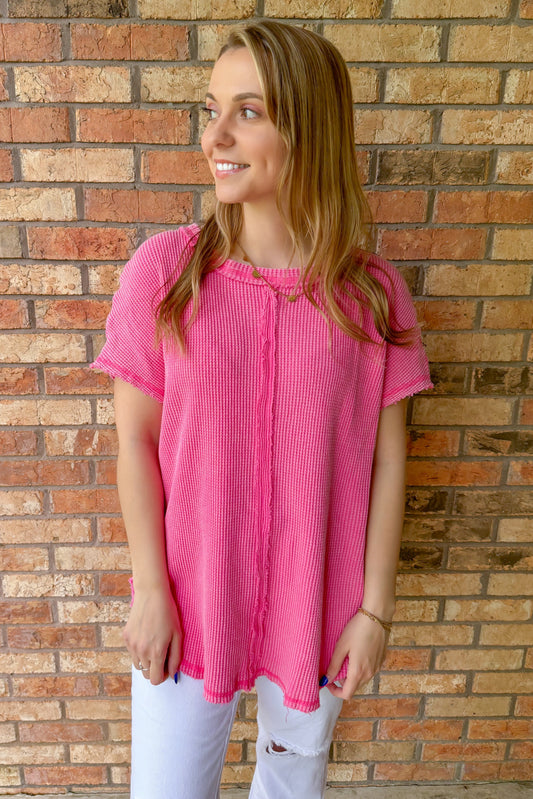 Laney Oversized Washed Waffle Top, Pink