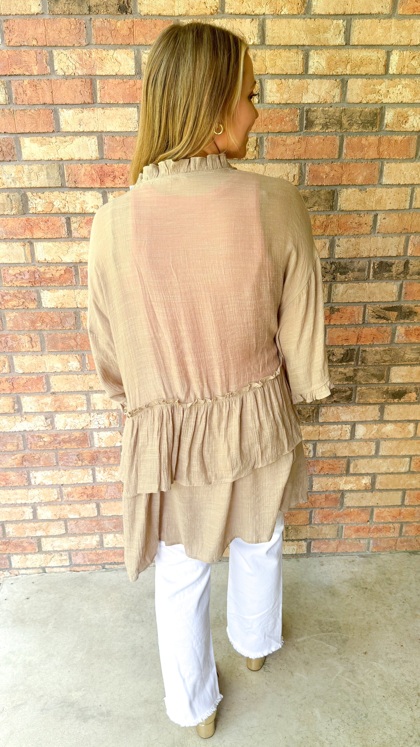 Keep you close Semi Sheer Ruffled Cardigan, Mushroom