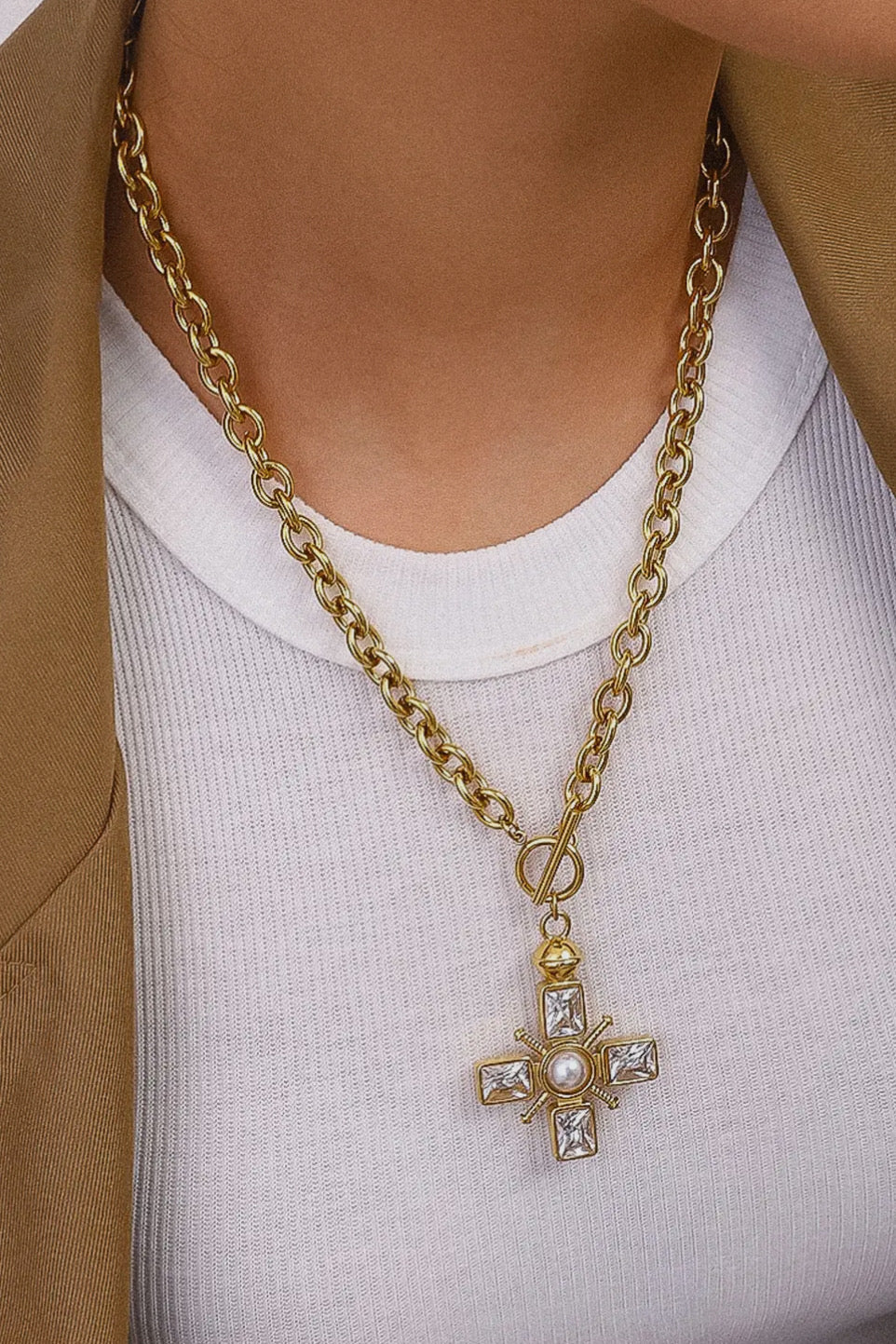 Grace 18K Gold Plated Stainless Steel Cross Necklace, Gold
