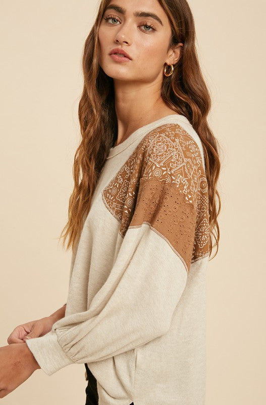 Let's Get Lost Contrast Sleeve Top, Oatmeal