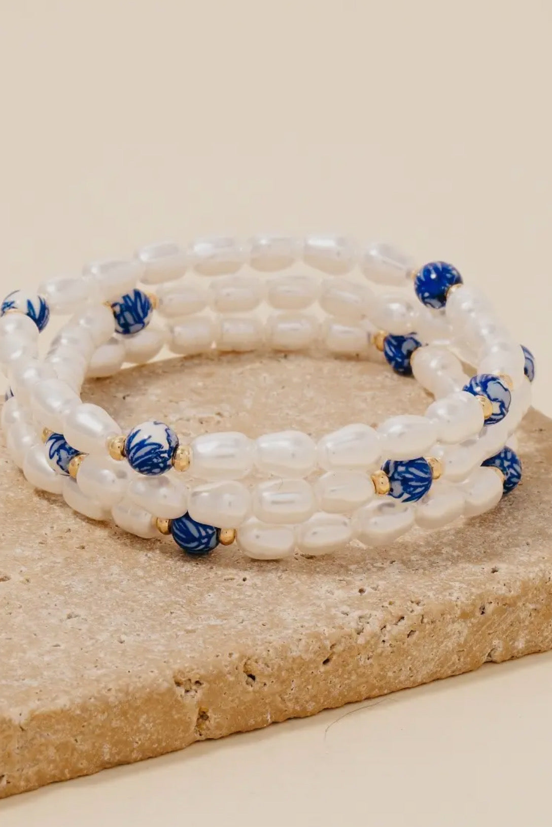 Faux Pearl and Ceramic Floral Beaded Bracelet Set