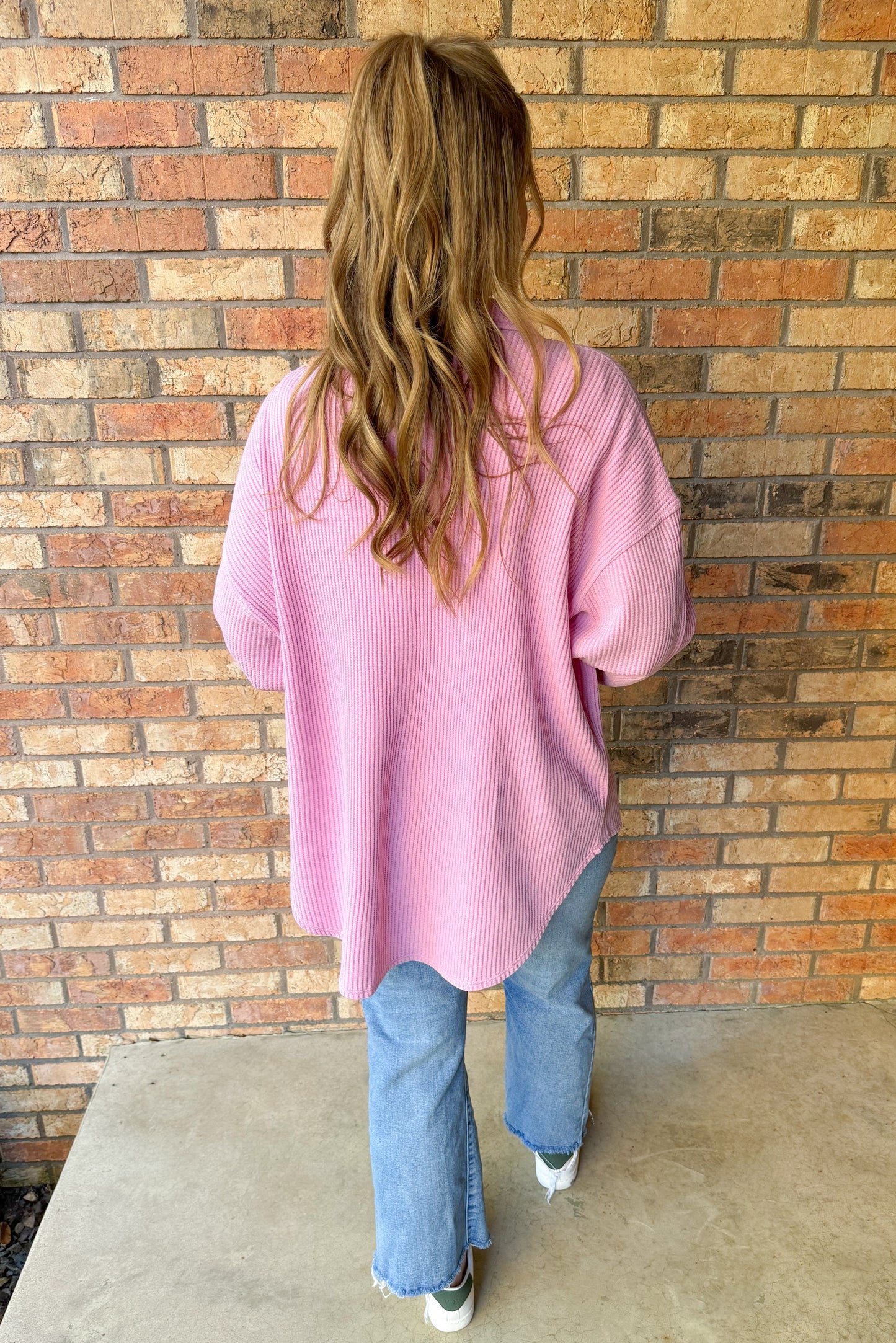 Thinking It Over Oversized Waffle Shacket, Rose Pink