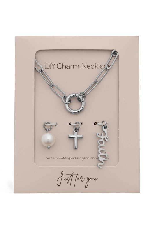 Just Have Faith 18K Gold Plated Stainless Steel Charm Holder Necklace Set, Silver