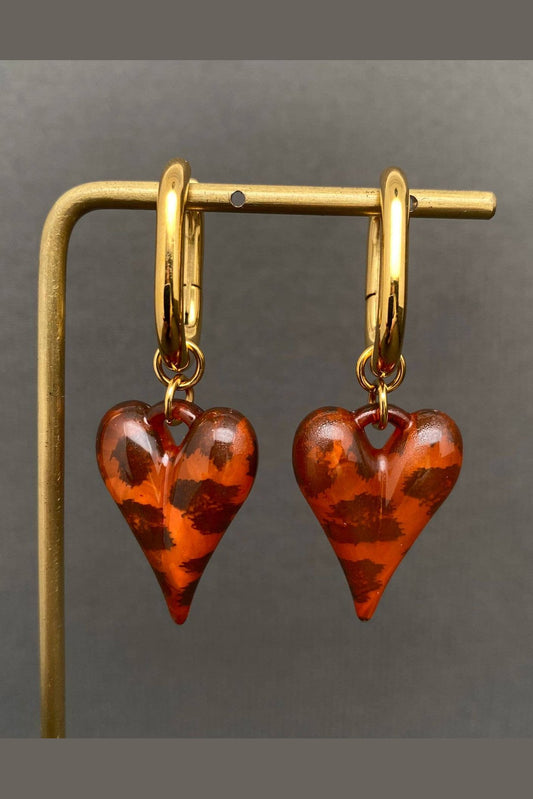 Sasha Acrylic Leopard Heart 18K Gold Plated Stainless Steel Huggie Earrings, Gold