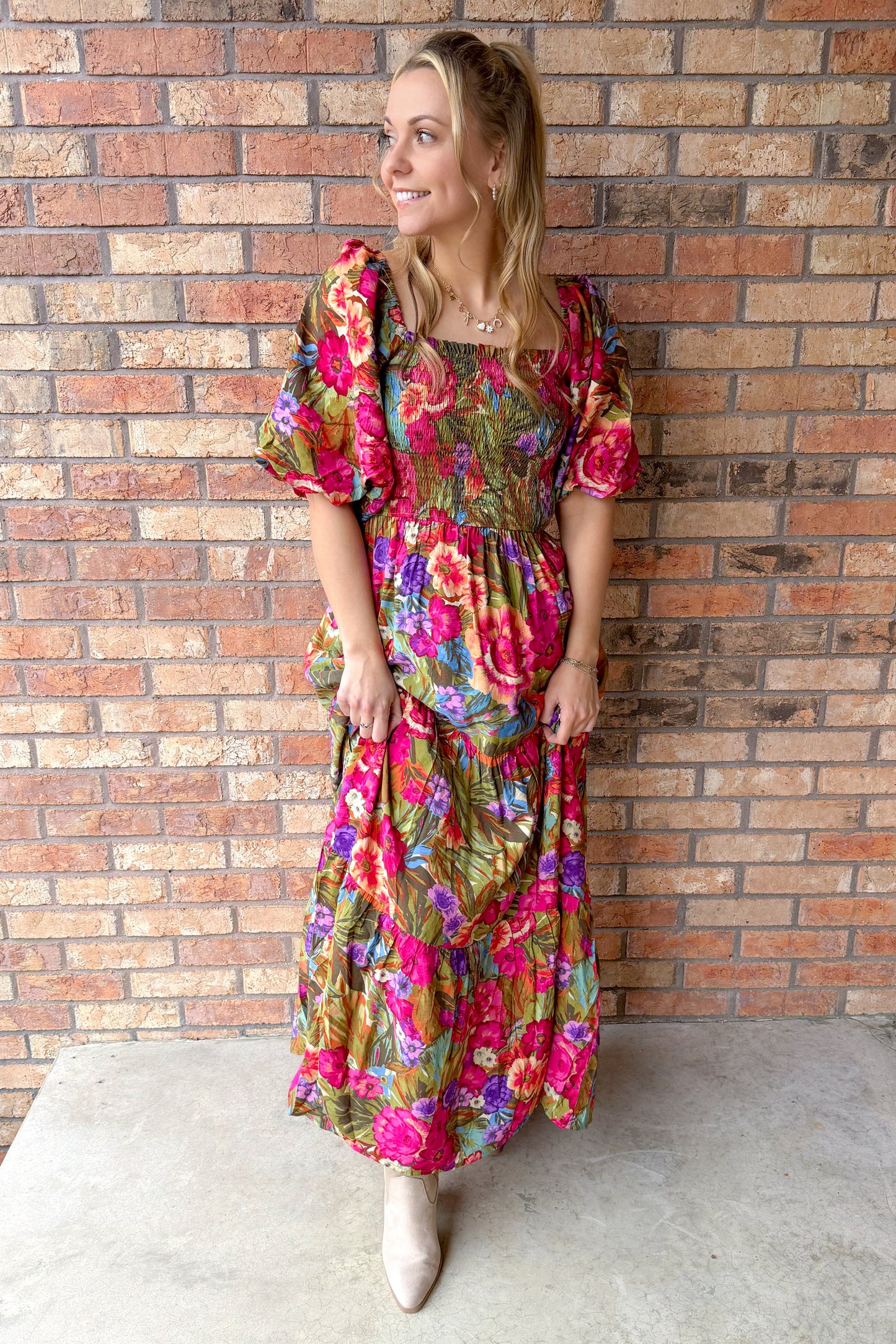 Olive Garden Bubble Sleeve Maxi Dress
