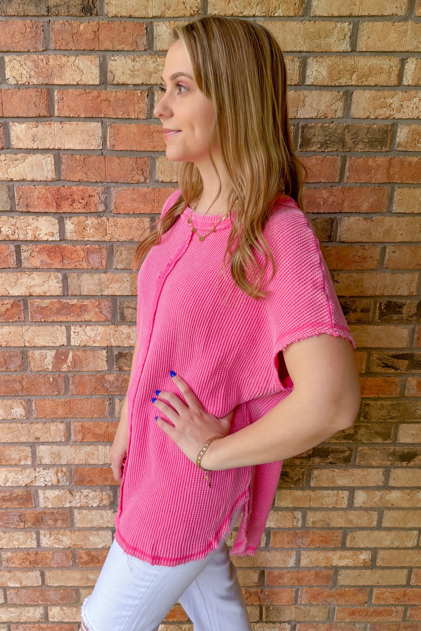 Laney Oversized Washed Waffle Top, Pink