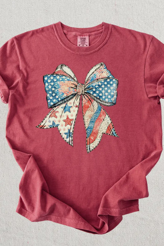 American Flag Bow Comfort Colors Tee, Crimson