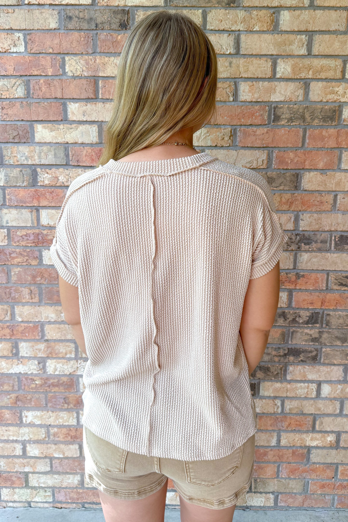 The Future is Bright Top Stitch Rib Knit Top, Beige