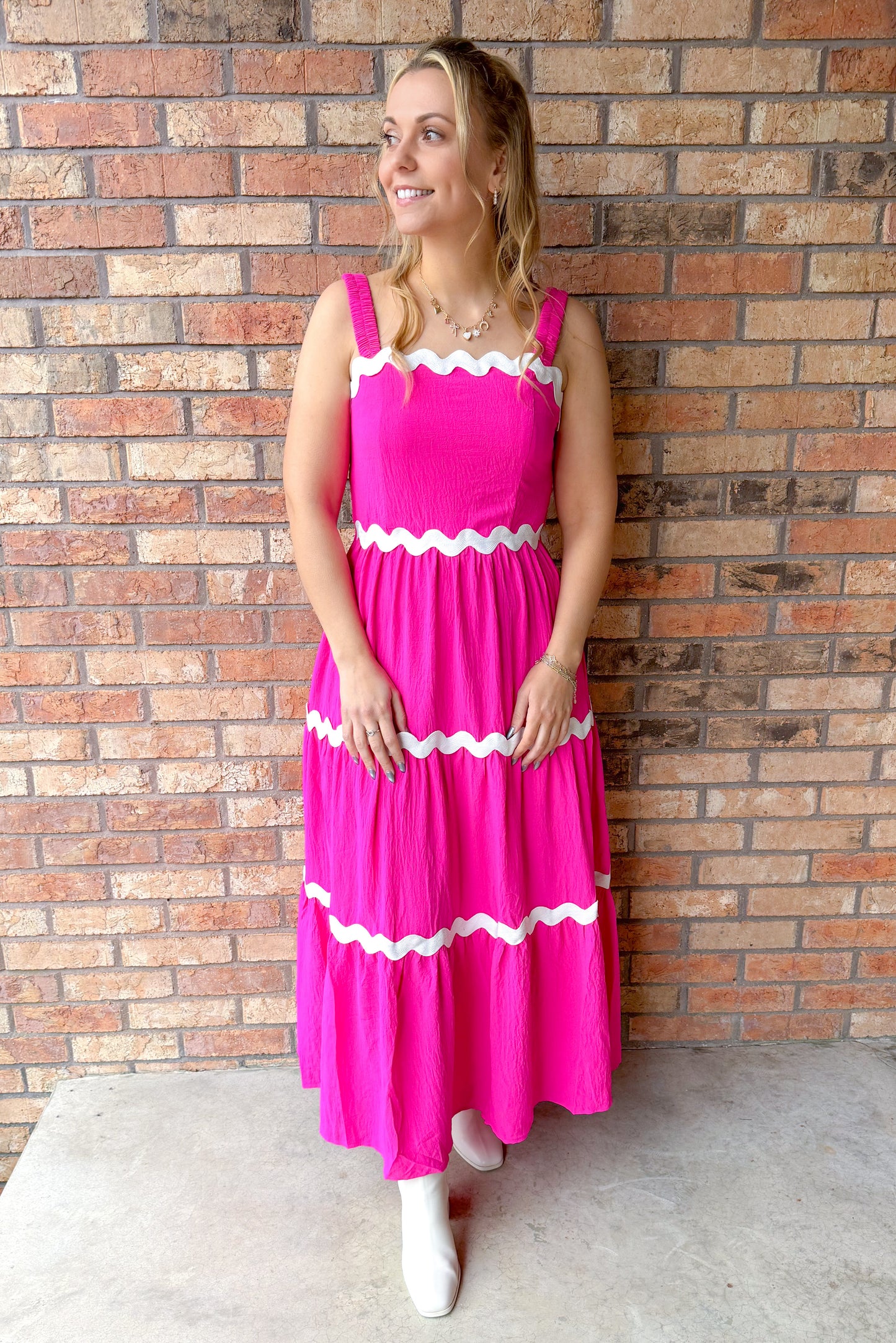 Lola Solid Tiered Midi Dress, Hot Pink