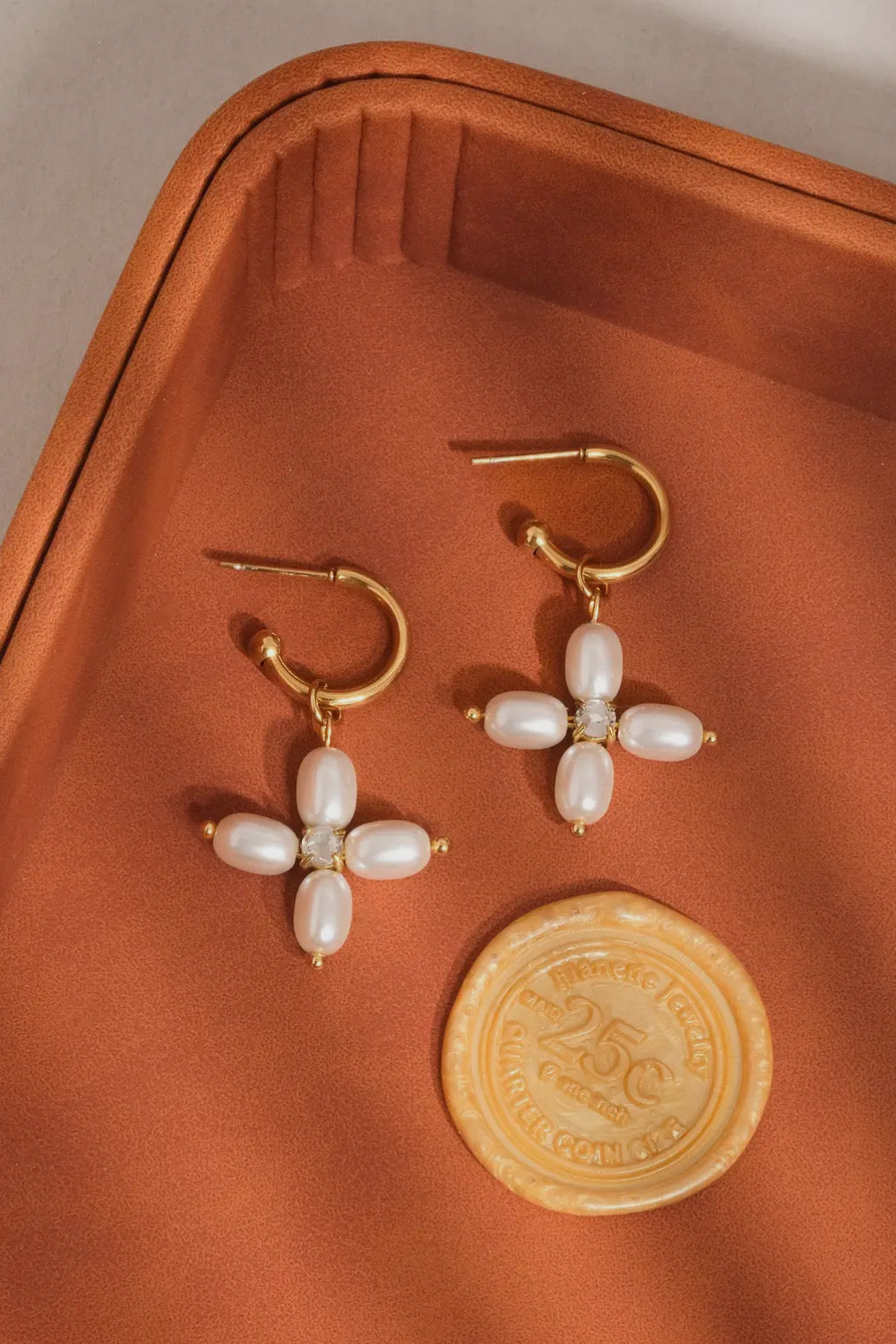 Chaleur Pearl Cross C Hoop 18K Gold Plated Stainless Steel Earrings, Gold