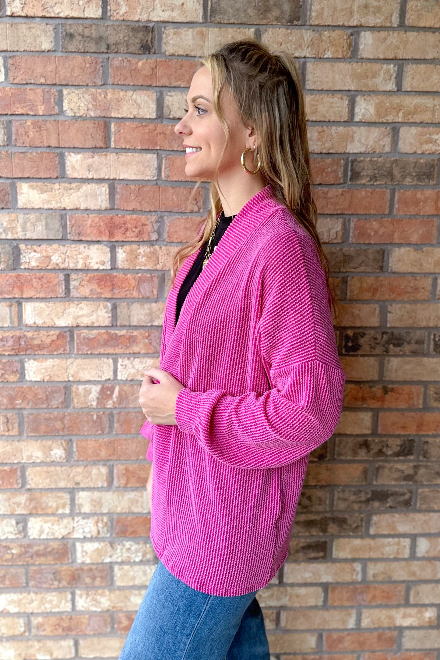Road Less Traveled Ribbed Crop Cardigan, Fuchsia