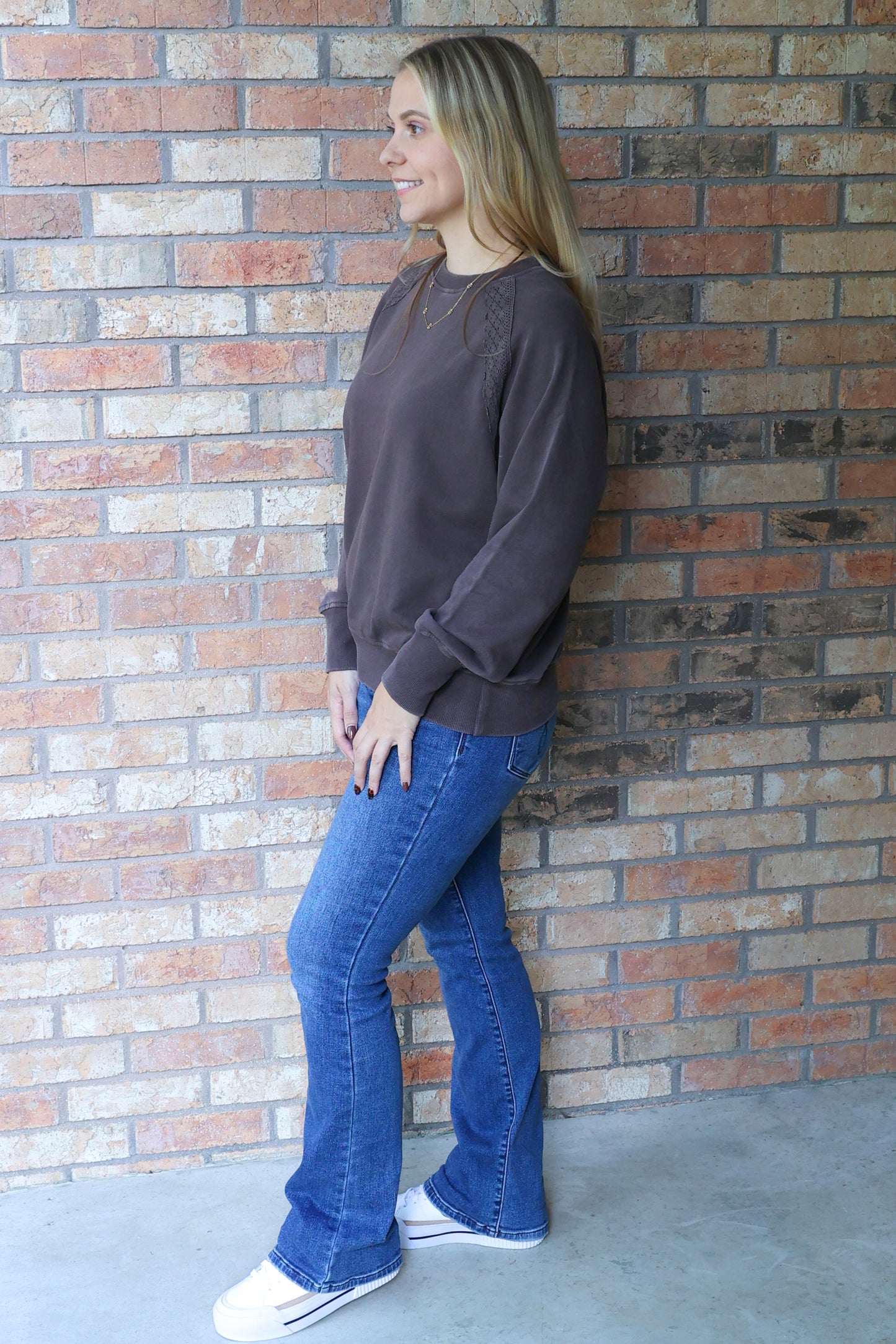Morning Coffee Soft Bloom Mineral Wash Lace Pullover, Espresso
