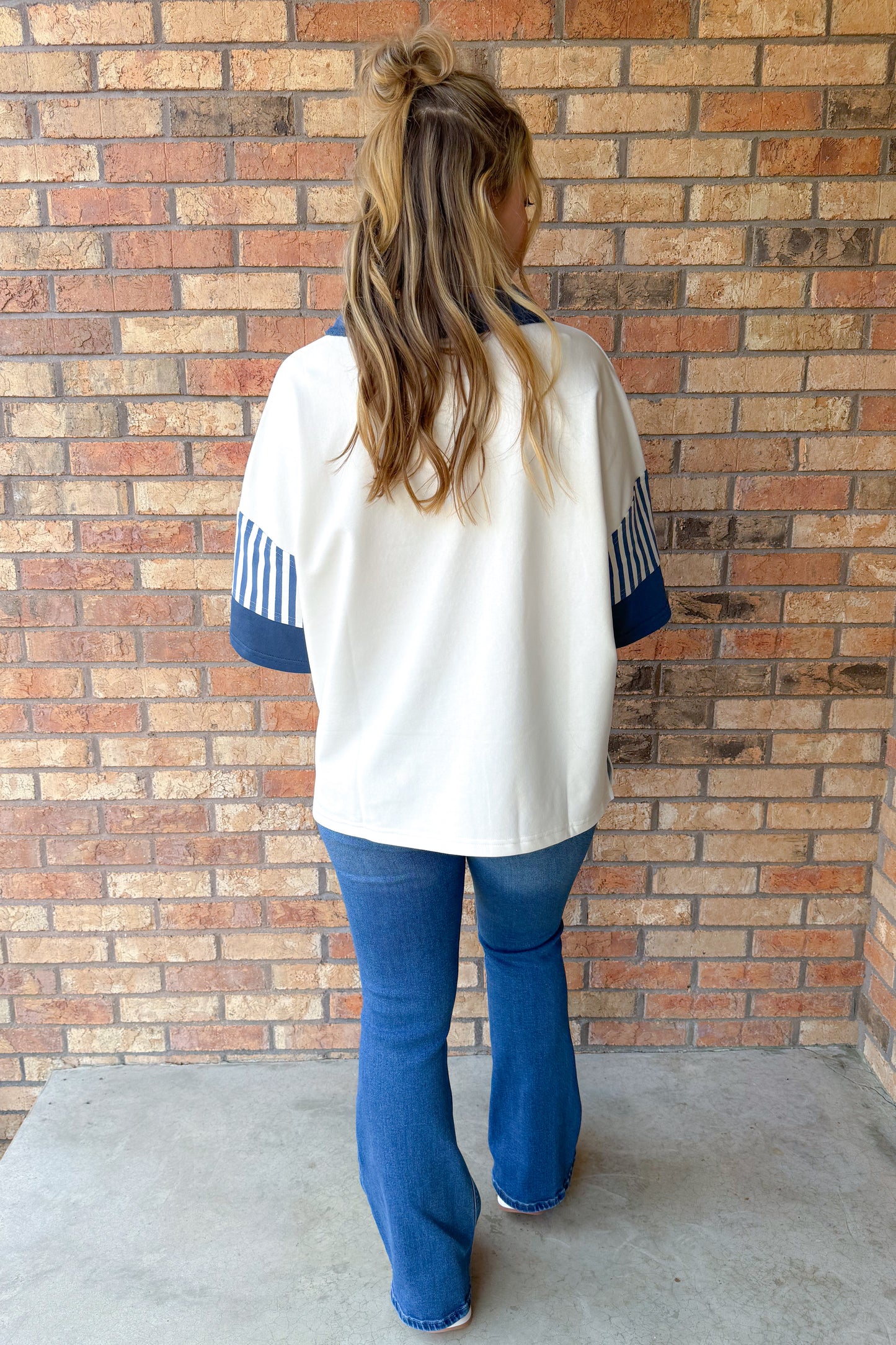 Fresh Start Color Block French Terry Collared Top, White/Blue