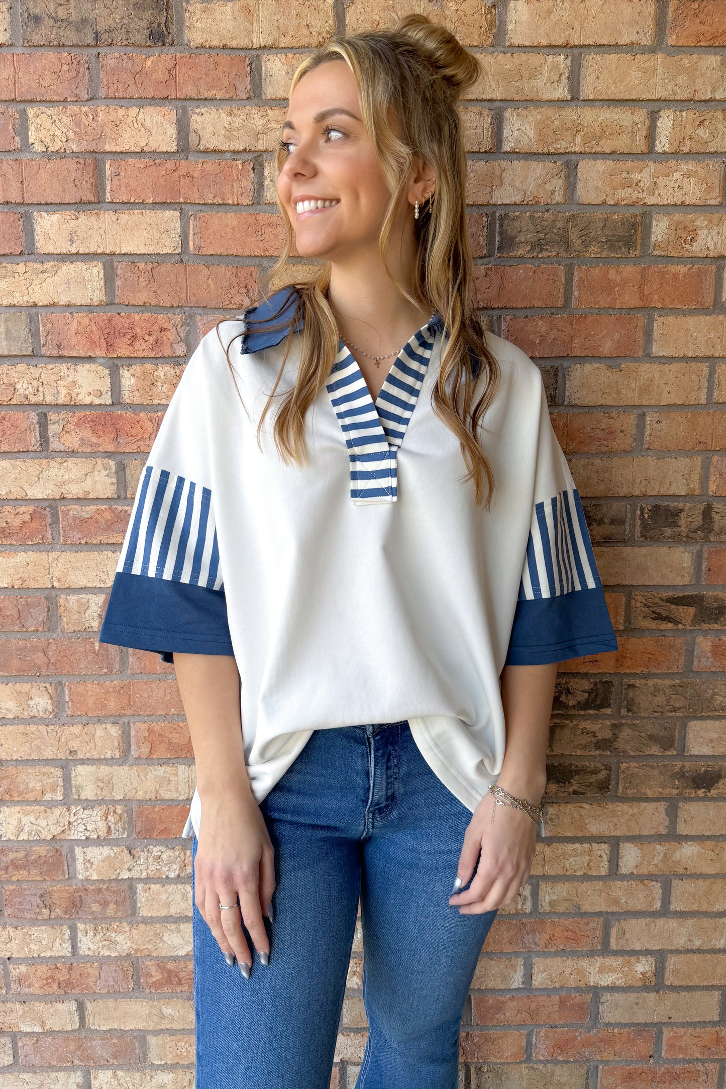 Fresh Start Color Block French Terry Collared Top, White/Blue