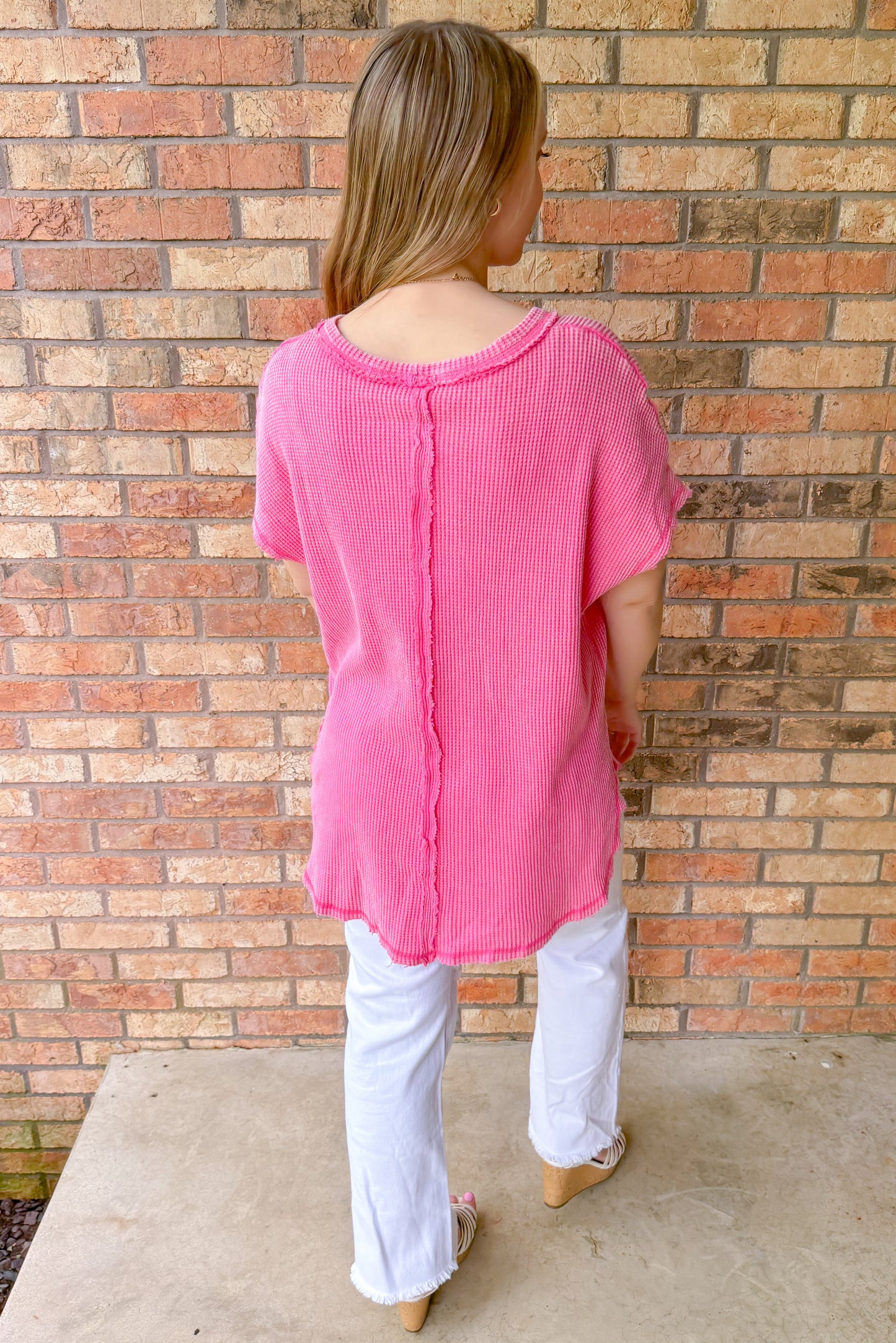 Laney Oversized Washed Waffle Top, Pink