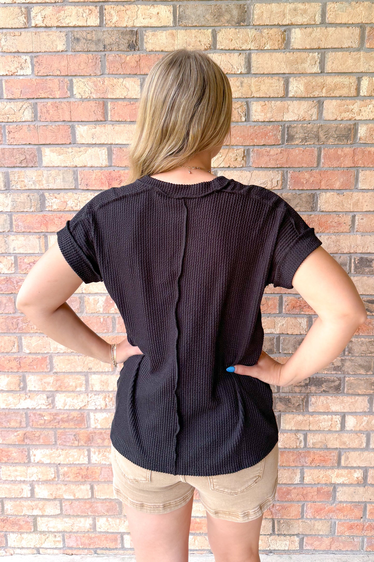 The Future is Bright Top Stitch Rib Knit Top, Black