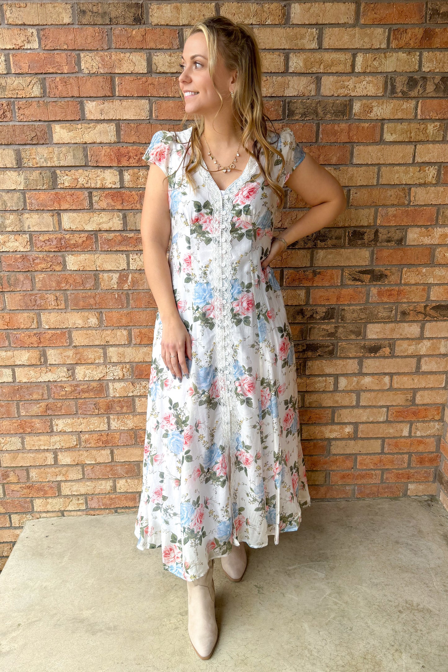 Hello Darling Floral Lace Trim Button Down Dress