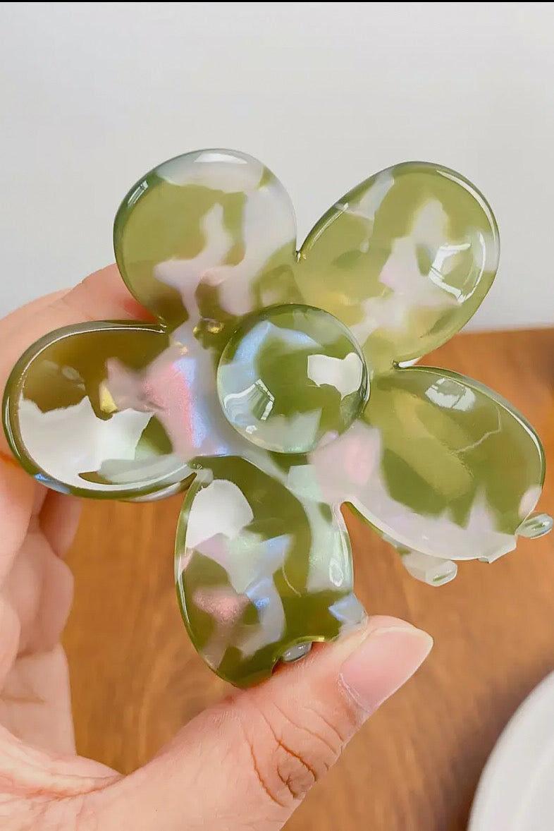 Flower Hair Claw Clip, Green Tortoise Shell