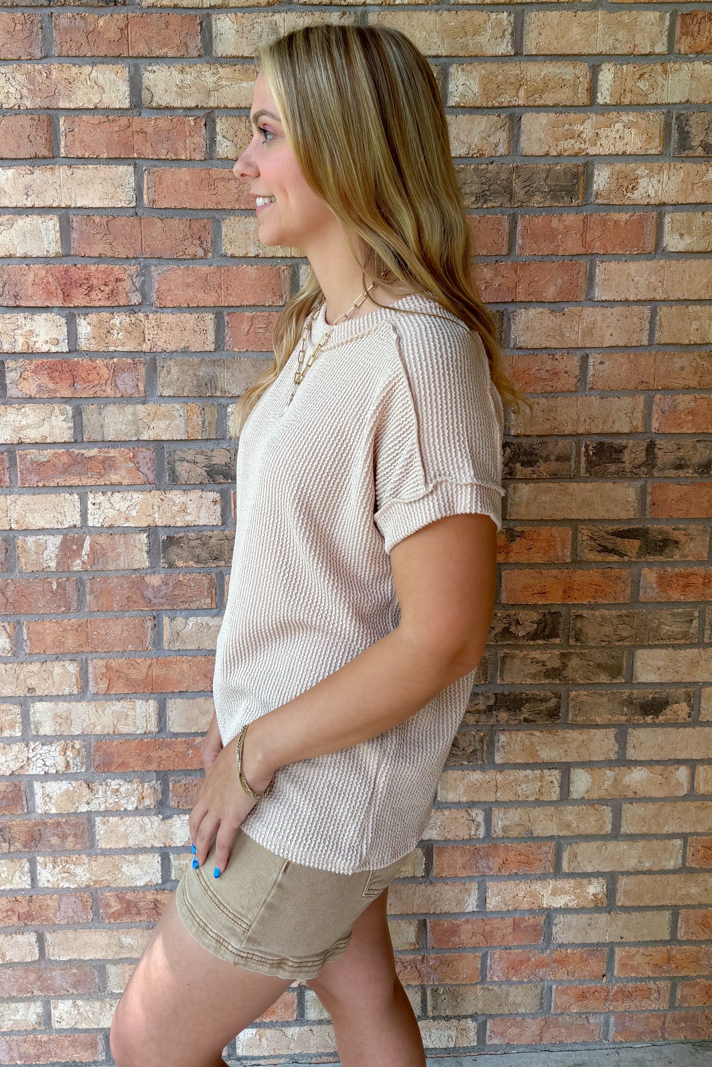 The Future is Bright Top Stitch Rib Knit Top, Beige