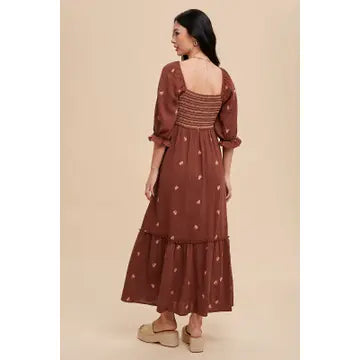 Delilah Embroidered Cotton Gauze Smocked Dress, Coconut