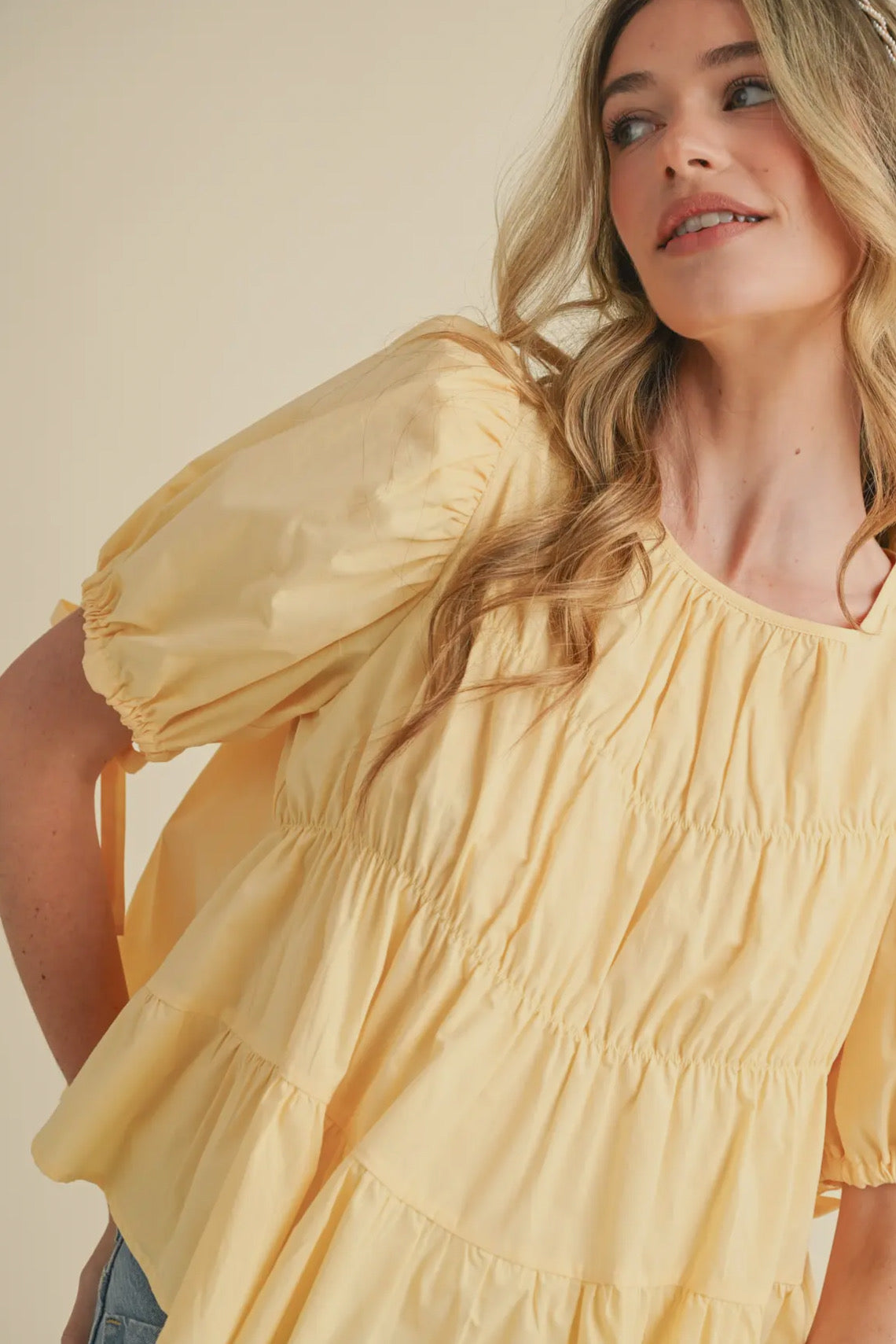 American Honey Tiered Shirring Puff Sleeve Top, Lemonade