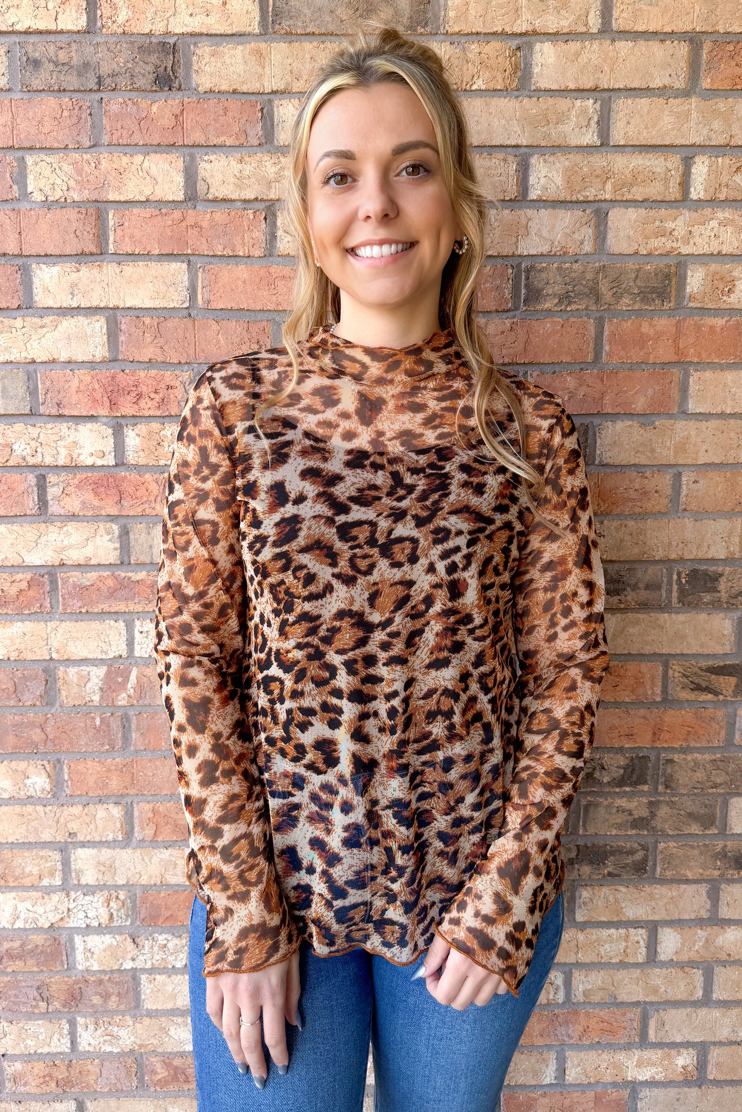 Slay Everyday Animal Print Mesh Mock Neck Top