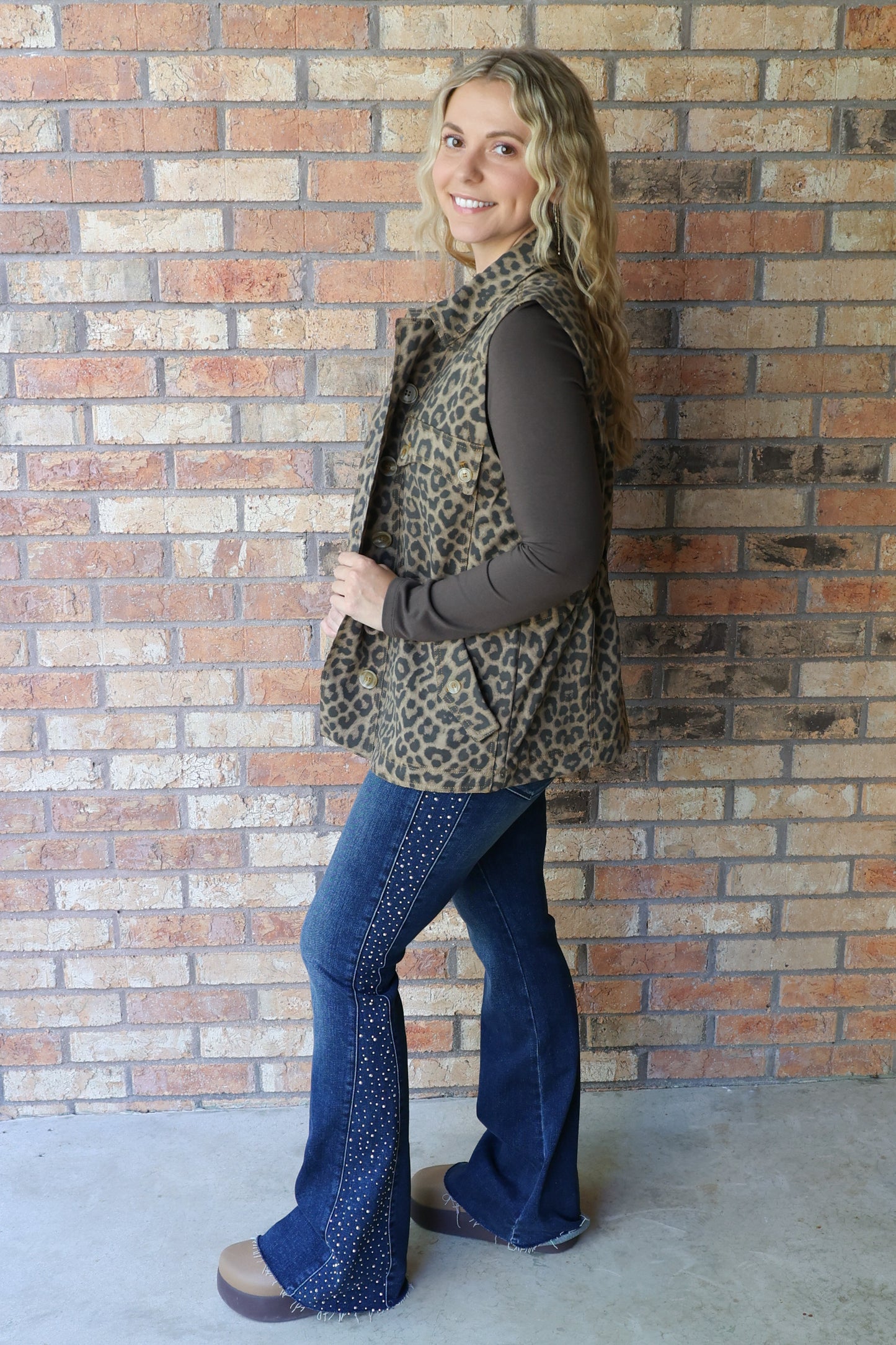 Wildest Dreams Leopard Print Overszied Button-Front Utility Vest, Cedar