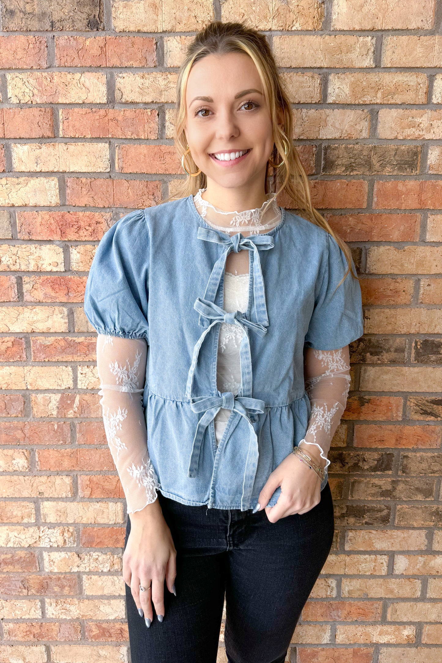 No Doubt Puff Sleeve Tie Front Denim Peplum Top, Light Wash