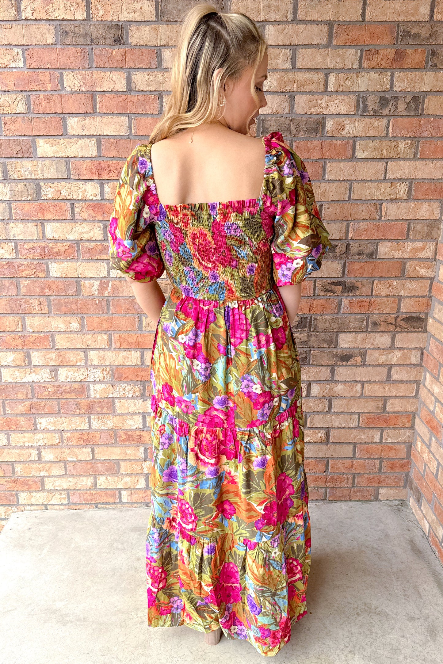 Olive Garden Bubble Sleeve Maxi Dress
